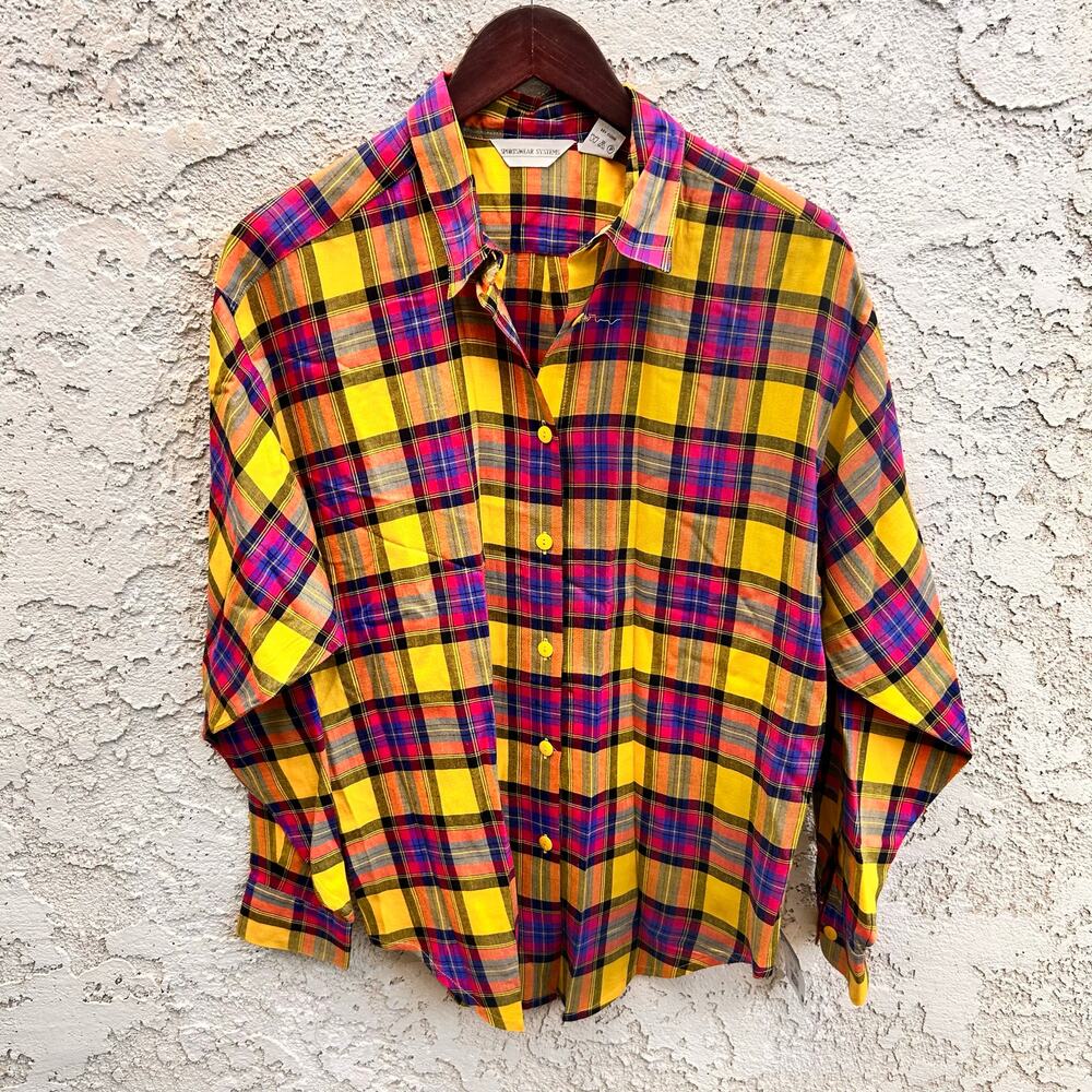 Vintage Yellow Plaid Button Up Shirt Size Womens Medium